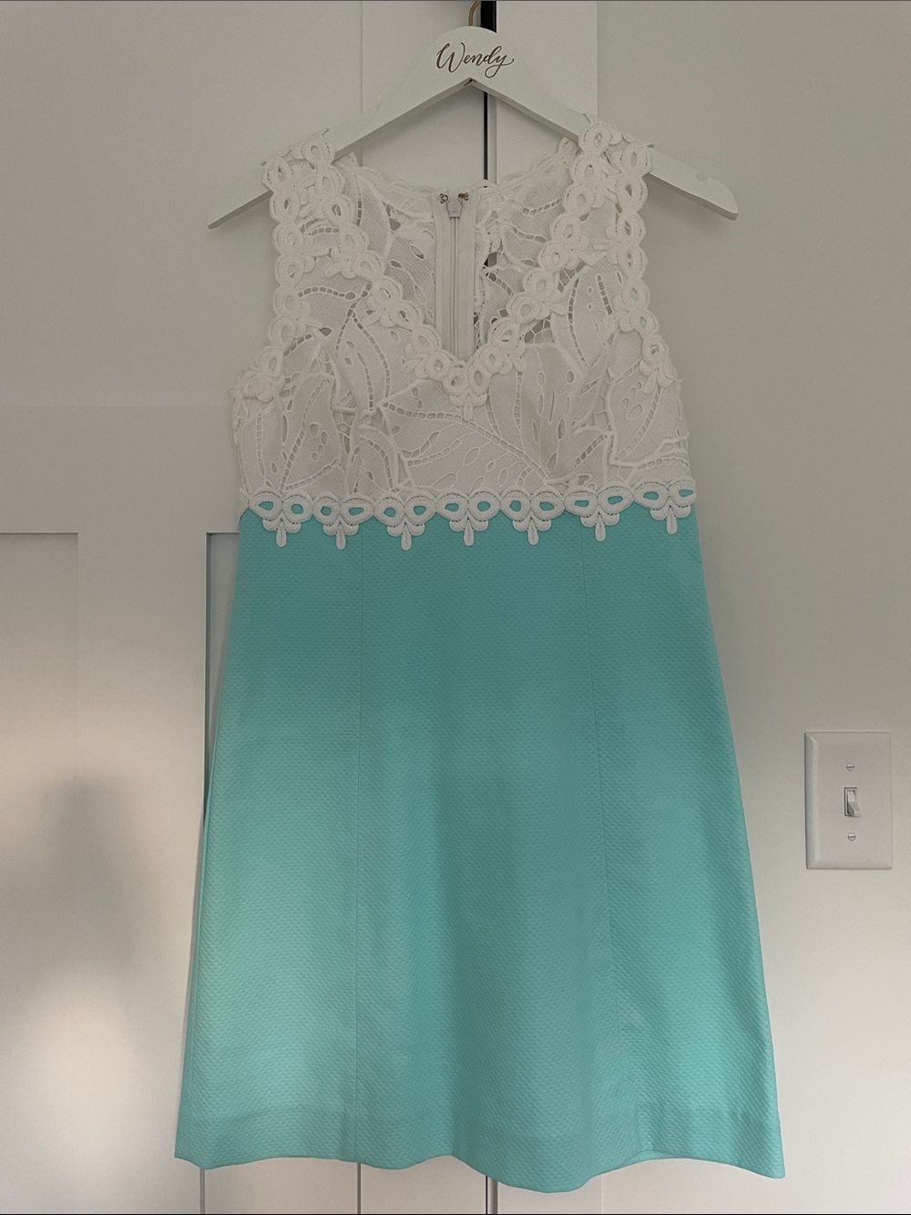 Lilly Pulitzer Sandi Shift Dress, White Lace Bodice Aqua/Turquoise Mini Dress